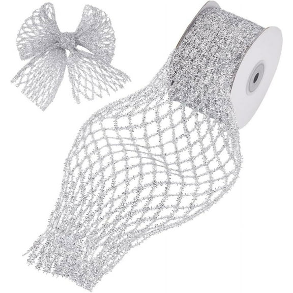 5 Yards Silver Stretchable Glitter Metallic Mesh Ribbon 2.7 Inch Sparkling Glitter Wired Ribbon