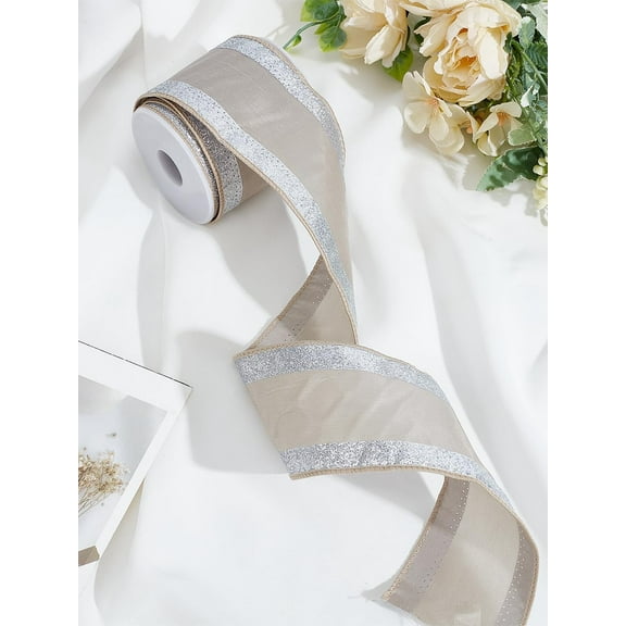 5 Yards Sparkle Polyester Wired Ribbon Silver Gift Wrap Ribbons DIY Packing Accessory for Crafts Bows Present Wrapping Wedding Party Festival Art Craft Decor 2-1/2 inch(63mm) for DIY
