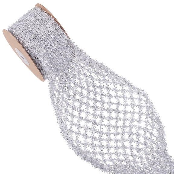 5 Yards Stretchable Glitter Mesh Ribbon Iron Wired Mesh Ribbon for Christmas Tree Decor Making Gift Wrapping Silver 2-1/4 inch(58mm) for DIY