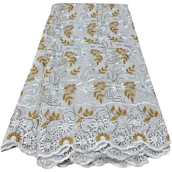 5 Yards Swiss Fabric Latest Heavy Beaded Embroidery African 100% Cotton Voile Lace Popular Dubai Style for Wedding Party (White)