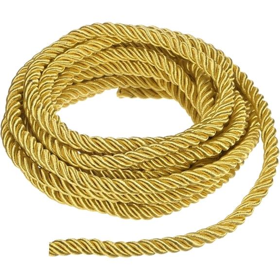 5 Yards Twisted Rope Trim, 8mm/0.31 in Golden Yellow Soft Polyester Silk Cord 3-Ply Decorative for Gift Bag/DIY Crafts/Home Decor/Curtain Tieback