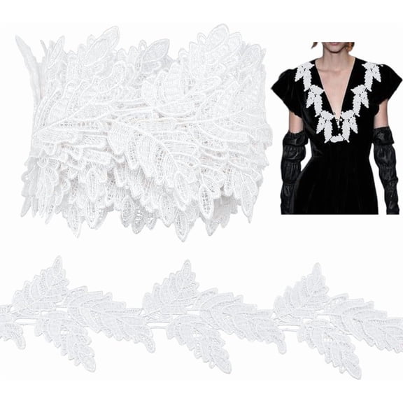 5 Yards White Embroidered Leaf Appliques 10cm Lace Leaf Trim Vintage Floral Sew on Patches Polyester Ornament for Wedding Dress Bride's Headdress Clothing Home Dector White DIY