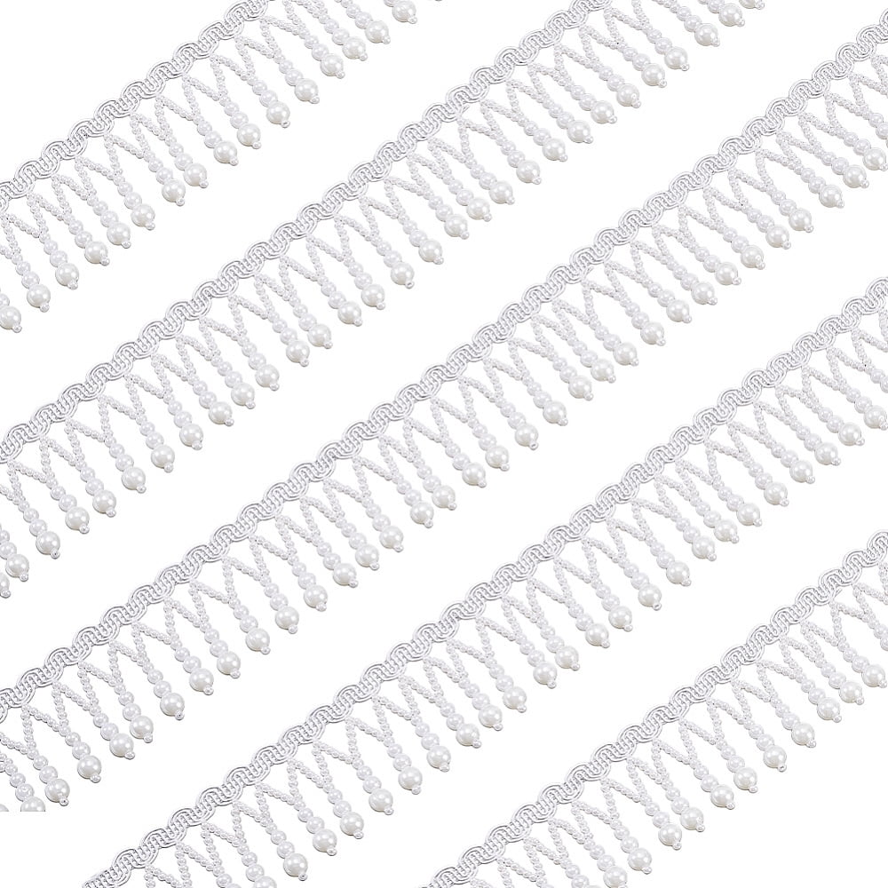 5 Yards White Pearl Bead Tassel Lace Ribbon 1-7/8 Inch Beaded Tassel Fringe Trim Pearl Fringe Tassels Lace Ribbon Polyamide Plastic Beaded Trim DIY
