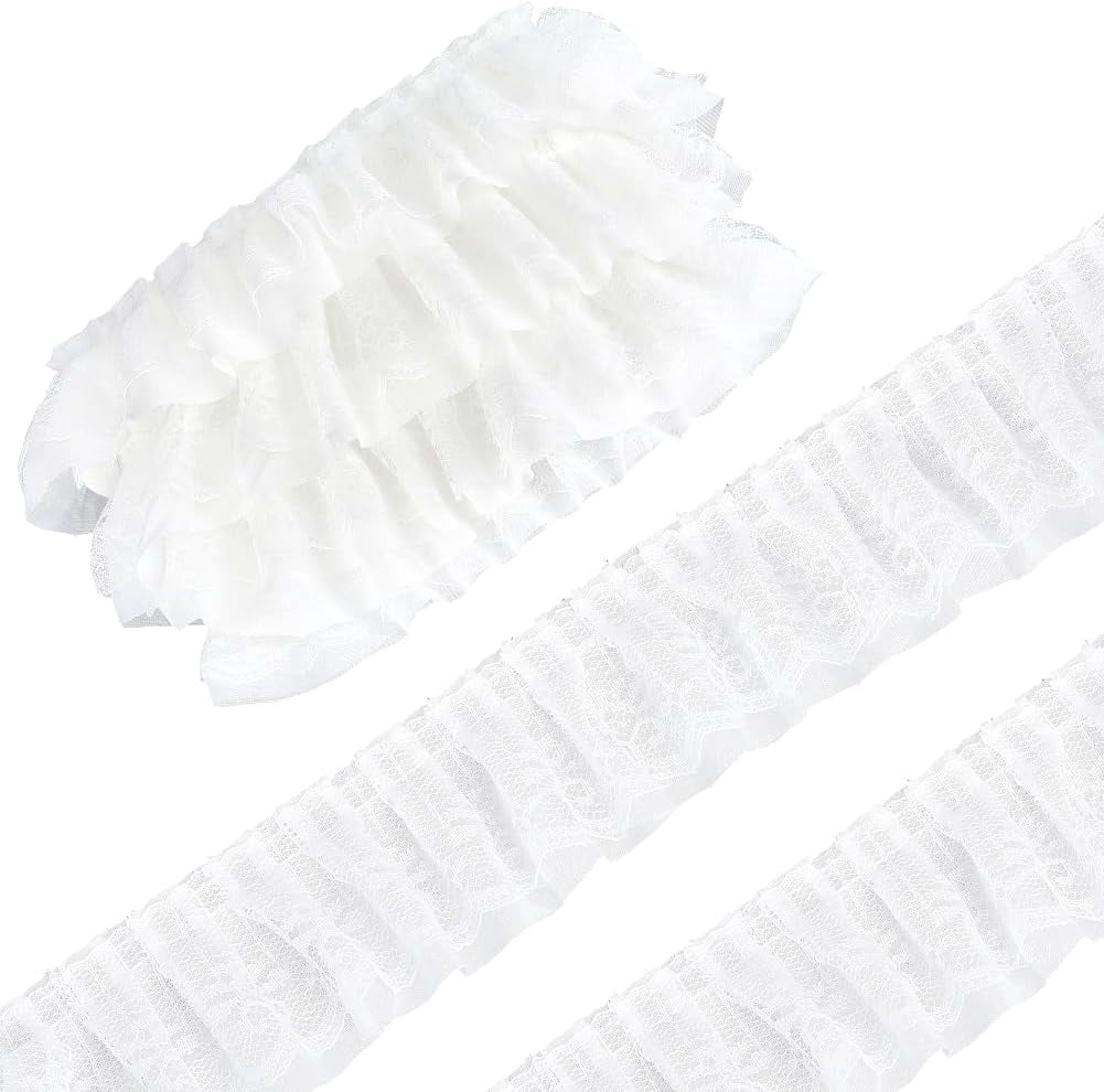 White Ruffle Edge 5 Yards White Pleated Chiffon Ribbon 2.2 Inch Wide Double Layered ...
