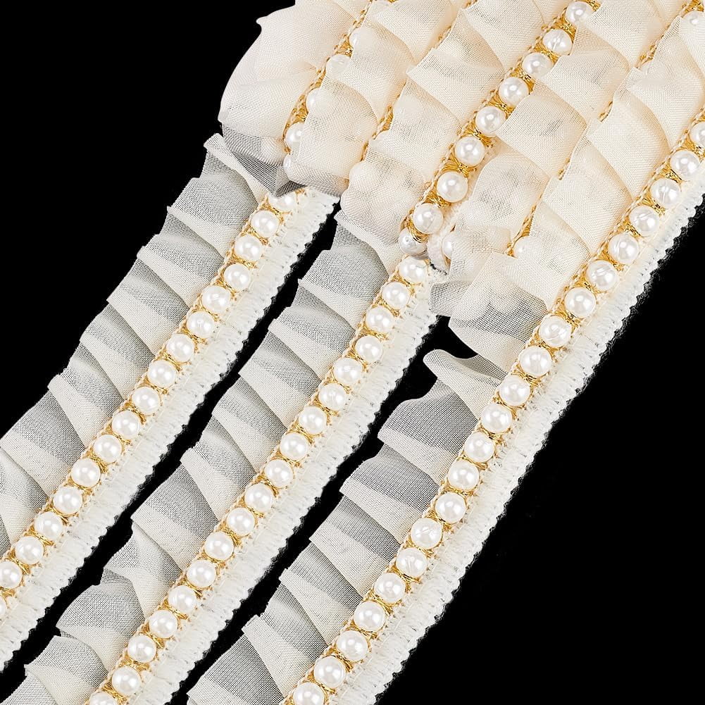 White Ruffle Ribbon Wide 5 Yards White Ruffle Pearl Trim Chiffon Lace 1.2 inch Pleated Lace ...