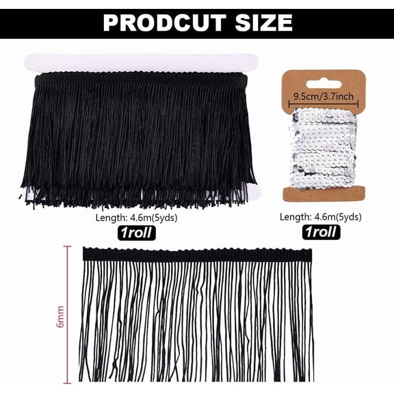 5 Yards X 3-3/4 Inch Fringe Trim with 5 Yards Silver Sequin Trim Black Fringe Tassels Trim Tassel Polyester Sewing Trim Ribbon for Costume Dress Jean Jacket Sewing Projects Party Decor