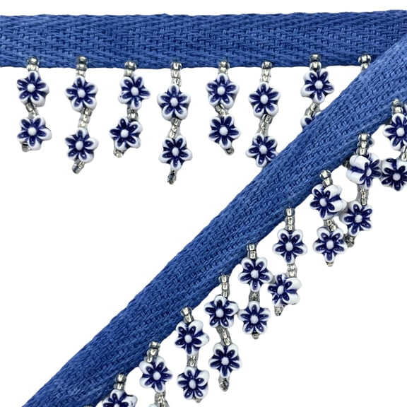 5 Yards of Daisy Beaded Fringe Trim - 1 1/4 inch wide Blue