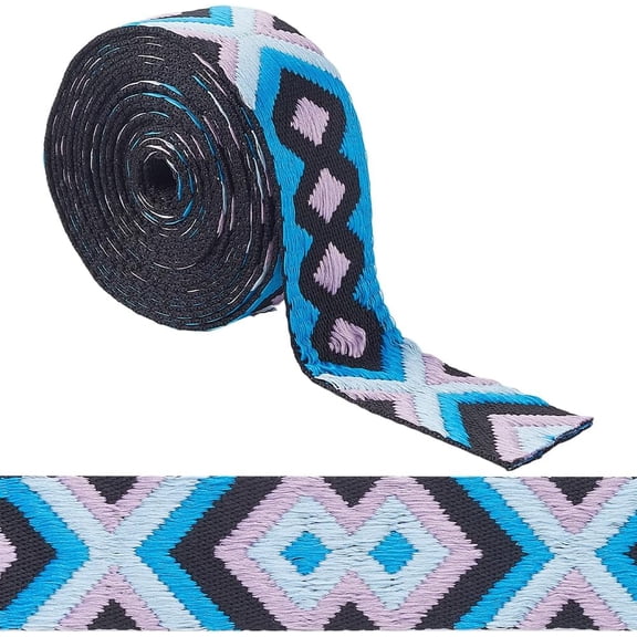 5 Yards x 1.9 Inch Ethnic Woven Ribbons Jacquard Trim Rhombus Pattern Embroidered Jacquard Webbing Purse Strap Belt for Bag Clothing Embellishment Sewing Crafts Gift Wrapping Deep Sky Blue