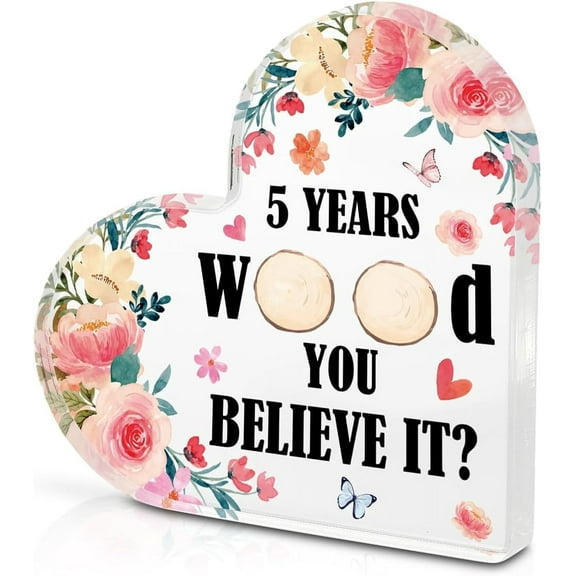 5 Year Anniversary Watercolor Floral Butterfly Decor Plaque For Him Her Couples Acrylic Heart Plaque For Office Home Desk Office Bedroom Bathroom Tabletop Centerpiece