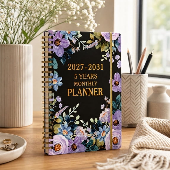 5 Year Monthly Planner 2027-2031, Floral 60 Month Schedule Organizer with Wire Binding and Elastic Closure for Goals, Important Dates, Habits and Home or Office Planning, 8.26 x 5.9 inch