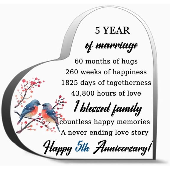 5 Year Of Marriage Gifts For Women Men,Acrylic Heart Keepsake For Teacher Colleague Boss Family And Friends 6 x 6 Inch