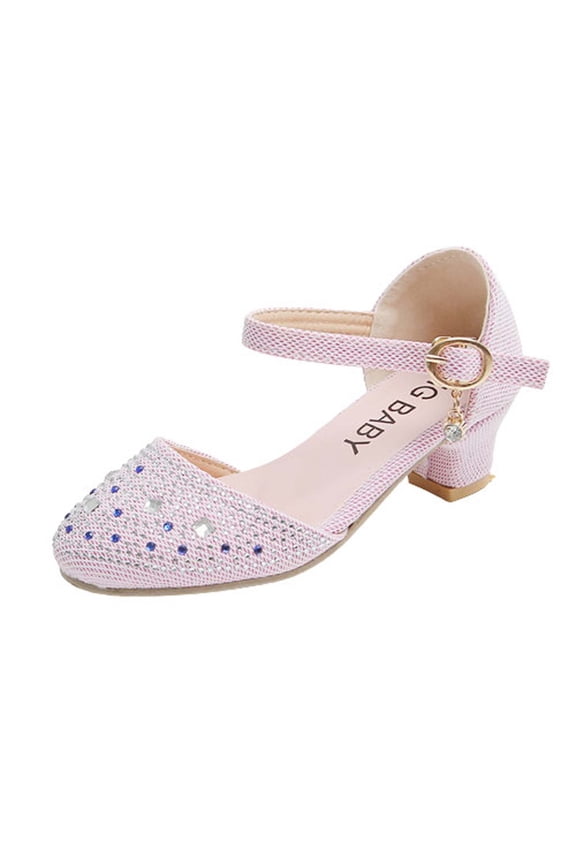 5 Years Girls Sandals Glitter Dress Shoes Princess Crystal High Heels Party Wedding Baby Girl Children's Rhinestone Decoration Princess Shoes Casual Buckle Sandals Pink