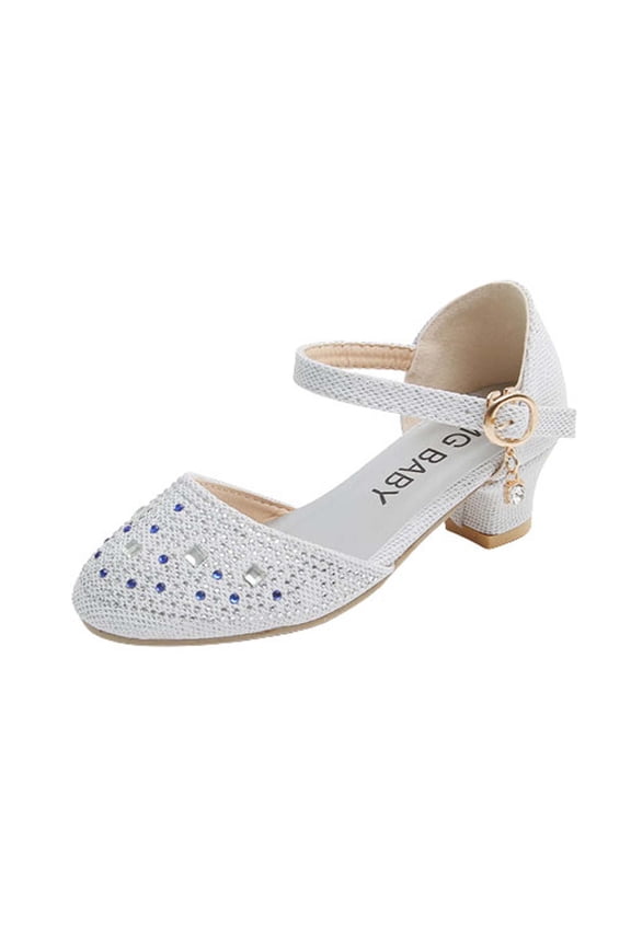 5 Years Girls Sandals Glitter Dress Shoes Princess Crystal High Heels Party Wedding Baby Girl Children's Rhinestone Decoration Princess Shoes Casual Buckle Sandals Silver