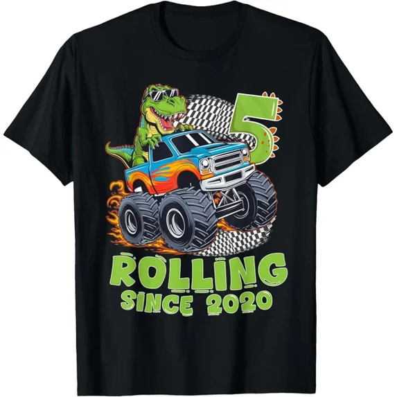 5 Years Old Boy Monster Truck Dinosaur Birthday T-Shirt Unisex S-5XL Hot Trending Shirt, Vintage Birthday Gift
