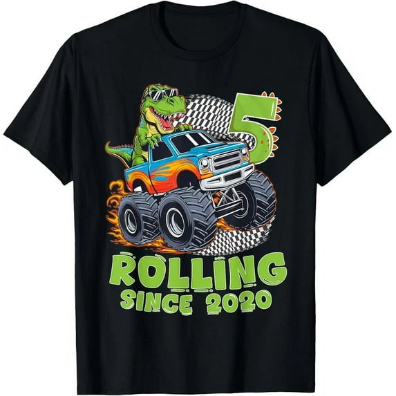 5 Years Old Boy Monster Truck Dinosaur Birthday T-Shirt Unisex S-5XL Hot Trending Shirt, Vintage Birthday Gift