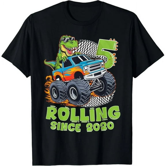 5 Years Old Boy Monster Truck Dinosaur Birthday T-Shirt Unisex S-5XL Hot Trending Shirt, Vintage Birthday Gift