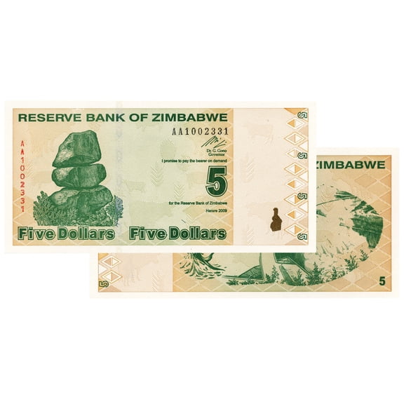 $5 Zimbabwe Banknotes 2009 AA Series Uncirculated Currency - Collectible Low Denomination Notes