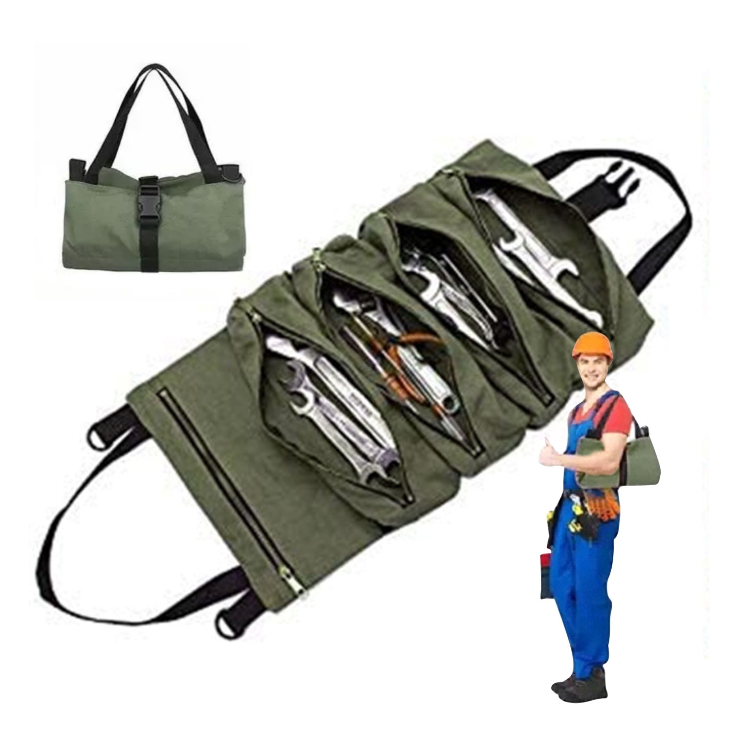 Canvas Roll-Up Tool Bag, Multi-Purpose Tool Roll Pouch Tool Organizer with 5 Zipper Pockets Carrier Bag for Car Motorcycle Storaging Wrenches, Sockets
