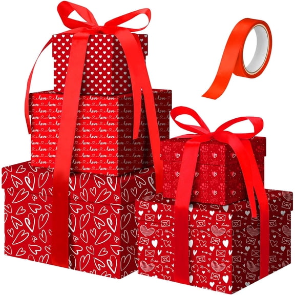 5 birthday gift boxes square nesting box with lid, square boxes 5 different sizes stackable gift boxes, for birthday Valentine's Day wedding party gift packaging (red heart)