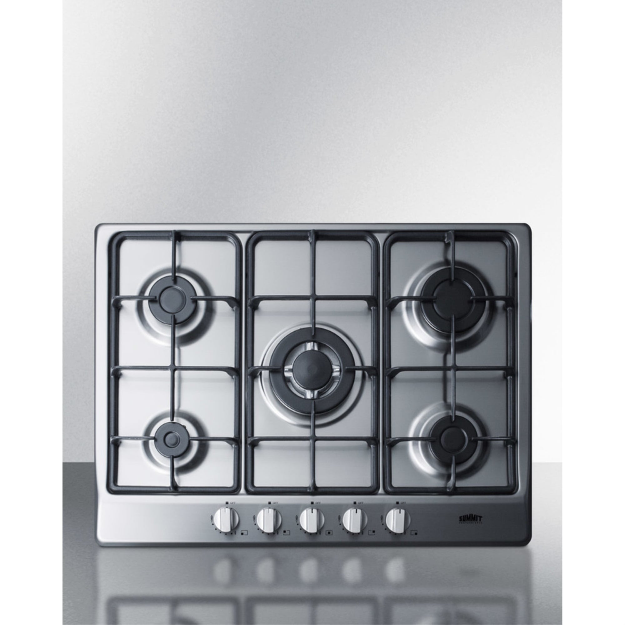 5burner gas cooktop made in Italy in a stainless steel finish with sealed burners, cast iron