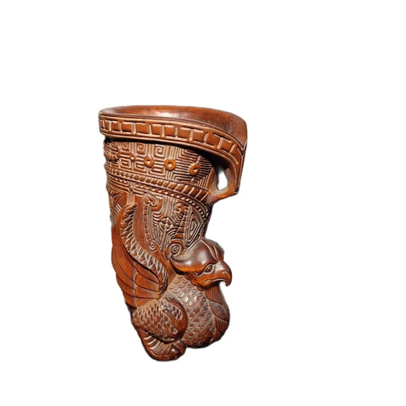 5" chinese wood beautiful brush pot wooden decor boxwood carving phoenix statue