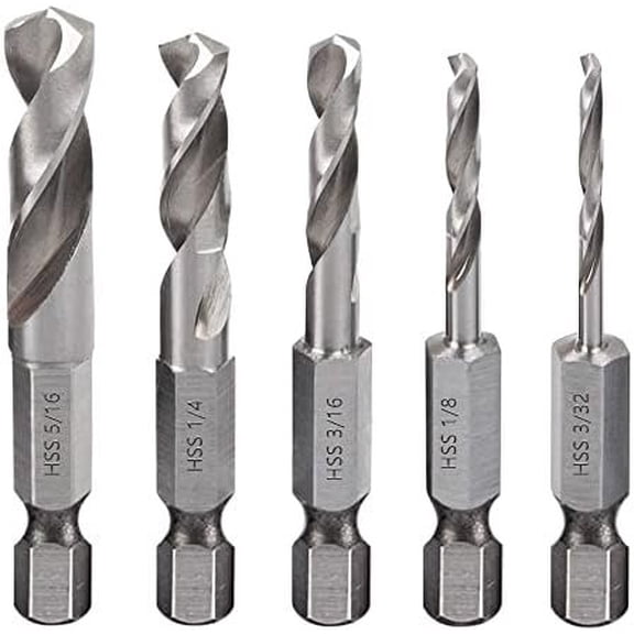 5 count 1/4" Quick Change Hex Shank Metal Stubby Drill Bits Short Drill Bit Set HSS M2 for Right-Angle Drill Attachment and  in Tight Spaces, 3/32, 1/8, 3/16, 1/4, 5/16-Inch