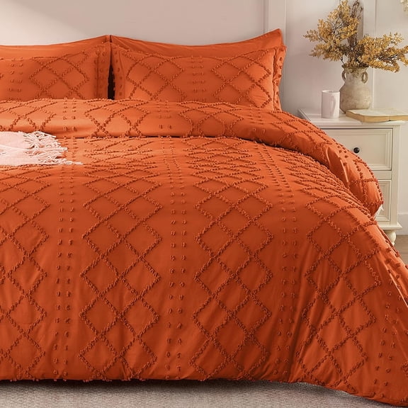 5 count Boho Duvet Cover Full Size, Burnt Orange Tufted Duvet Cover with Zipper & Ties, No Comforter, Shabby Chic Textured Bedding for Country, Breathable & Soft Microfiber