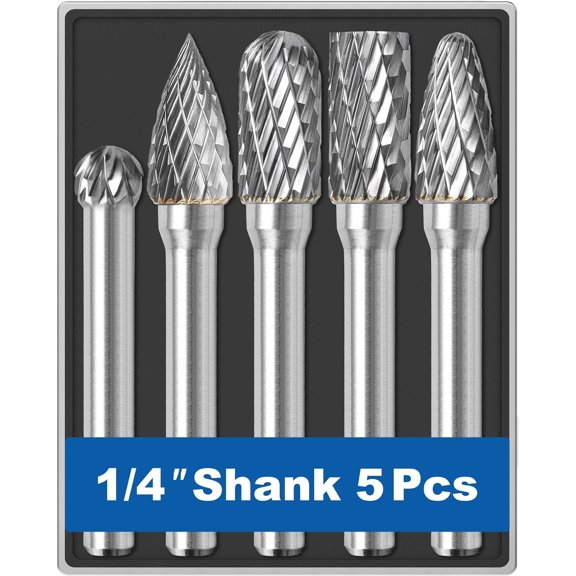 5 count Carbide Burr Set 1/4 Shank w/Clear Box Dia 8mm Bits Rotary Tools Attachment Kit Rasp File Accessories Metal Stone Steel Grinding Deburring Porting Carving