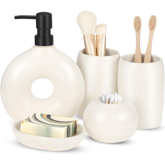 5 count Ceramic Bathroom Accessories Set Includes Soap Dispenser Cup Holder Soapbox Holder Stylish Modern Bathroom Matte Decor(White)