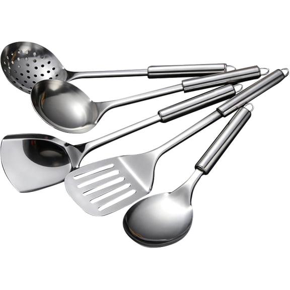 5 count Cooking Utensils Set Stainless Steel Kitchen Utensils Gadgets Resistant Cooking Tools Includes Slotted Spoon, Slotted Spatula, Large Spoon, Soup, Spatula(Sliver)