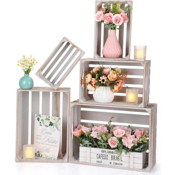 5 count Decorative Nesting Wooden Crates for Storage Display 5 Size Large Small Rustic  Decorative Storage Crates with Handle  Crate Box Container Made from Pine( Gray)