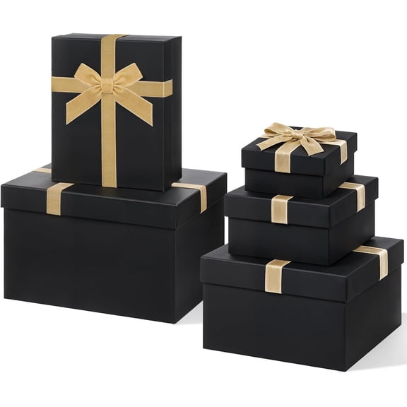5 count Fathers Day Luxury Nesting  Boxes with Lid and  Ribbon  Size Decorative Box Wrap for Present Wedding Birthday Anniversary  Shower Party Favor(Black Champagne)