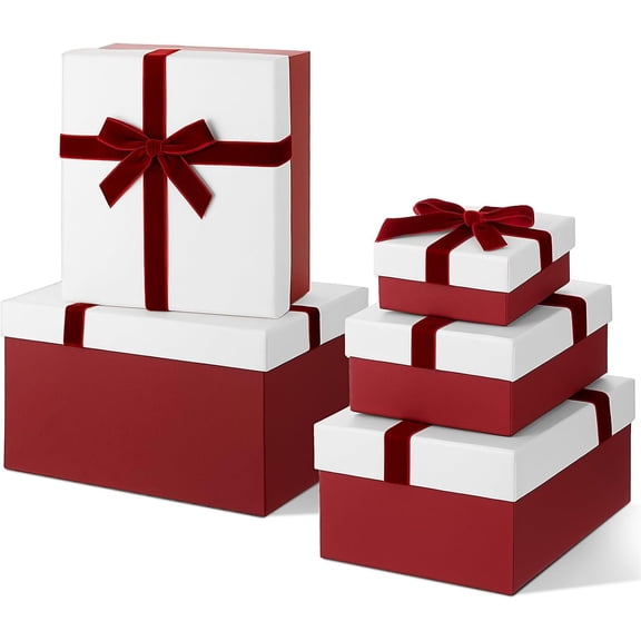 5 count Fathers Day Luxury Nesting Boxes with Lid and Ribbon Size Decorative Box Wrap for Present Wedding Birthday Anniversary Shower Party Favor( Red)