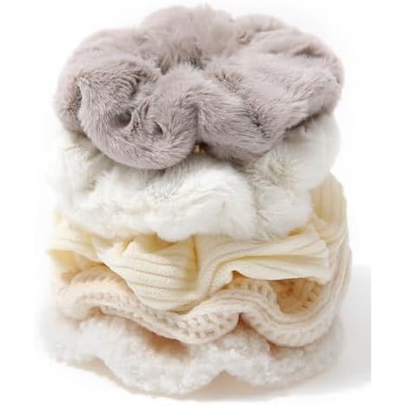 5 count Furry Scrunchies -Elastic Hair Scrunchies  Hair Ties Ponytail Holder Hair Bands Fuzzy Hair Accessories for Women and Girls(White)