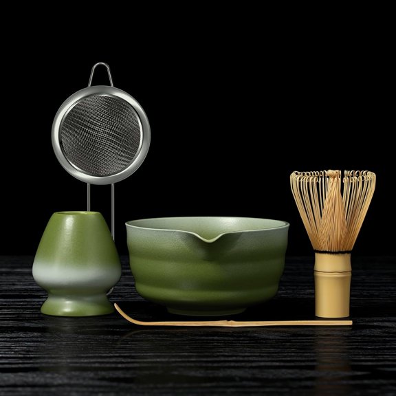 5 count Gradient Green Matcha Set - Ceramic Bowl,  Chasen, Holder, Scoop & Sifter for  Ceremony Enthusiasts, Matcha Whisk Set for  Lovers