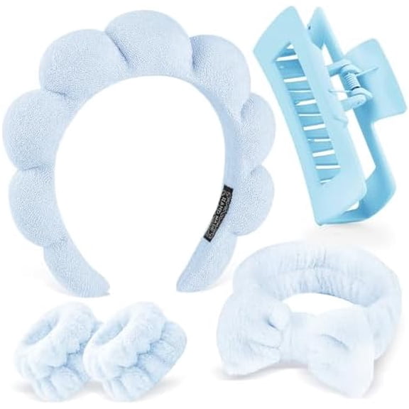 5 count Headband for Washing Wristband Set Sponge Skincare Terry Cloth Soft Hairband Claw Clips for Thick Hair Puffy Padded Headwear Non Slip Hairs Accessory (Blue)