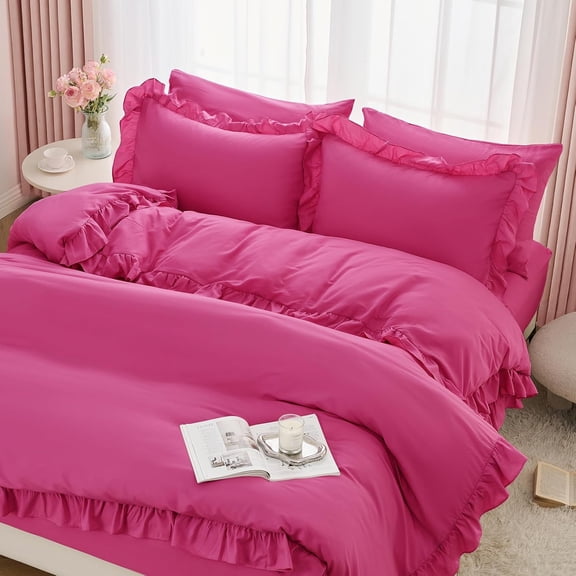 5 count Hot  Ruffle Duvet Cover  Size Soft Microfiber Shabby Chic Ruffled Duvet Cover Set,   Country Ruffle Bedding Set with Zipper Closure & Corner Ties, 90" x 90"