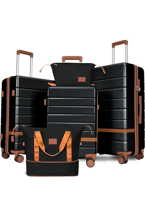 5 count Luggage Set for Family Travel, Lightweight Hardshell PC+ABS Suitcases set, Suitcase with 8 Smooth Spinner Wheels, TSA Lock, YKK Zippers(20' 24' 28' Black)