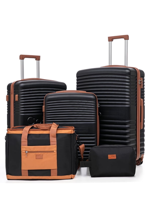 5 count Luggage Sets with Spinner Wheels and Tsa Lock, Hardshell ABS Suitcase Set, Lightweight Hardside Travel Suitcases with Wheels, 20/24/28in, Black