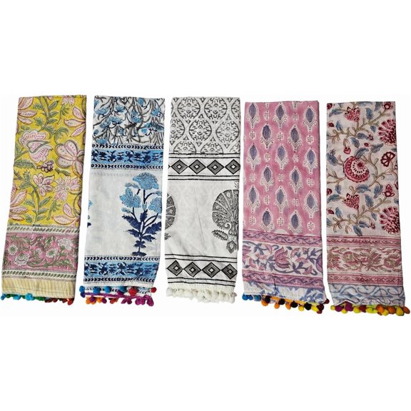 5 count Mix Lot Indian Hand Block Print Scarves,Jipuri Stole  Scarf Women Scarves Size 22x72 Inch Women Party Wear Stole Long Pareo