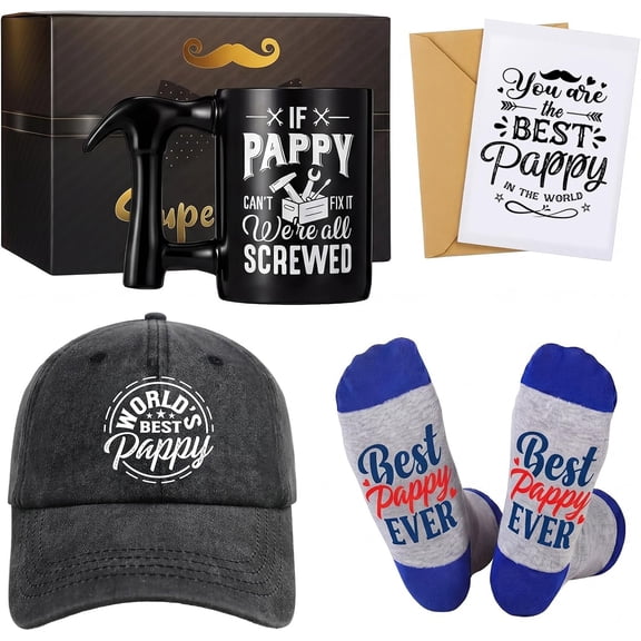 5 count Pappy Gifts Set for Fathers Day Include World's Pappy Embroidered Washed Cap Coffee Mug with Hammer Handle Dad Gifts Socks Card and Envelope for Father Dad Grandpa