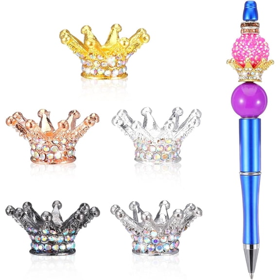 5 count Pen Toppers, Crown Focal Beads for Pens, Rhinestone Crown Spacers for Beaded Pens, Rhinestone Focal Spacer Bead, Beadable Pen Fancy Beads, DIY Craft Bead for Beadable  Making Accessories