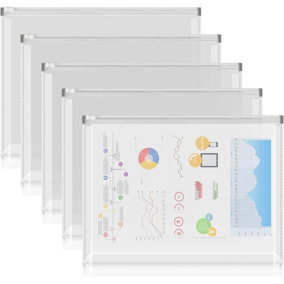 5 count Plastic Envelopes, A5 Size Poly Zip Envelopes File Folders, Translucent Expanding Document Wallet Pouch with Zipper for School and Office Supplies, 9.8 x 7.1 Inches, Clear