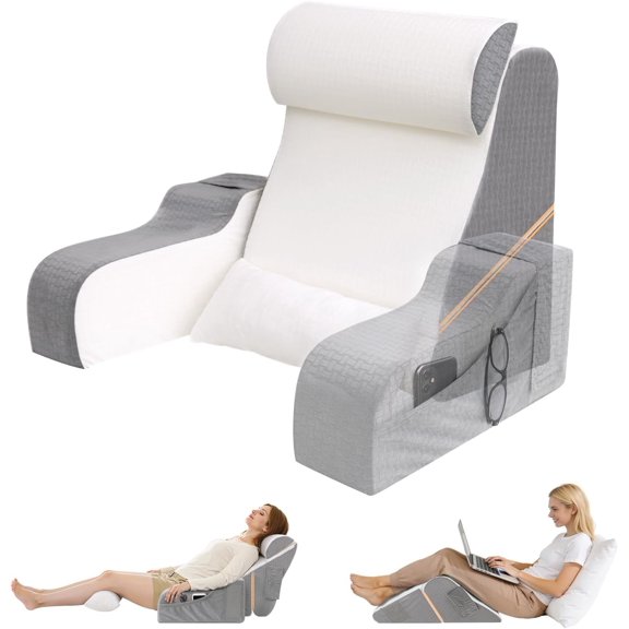 5 count Reading Pillow for Sitting in Bed Adult, 2 in 1 Foldable Wedge Pillow for Sleep, Support Pillow with Arms for Watching TV, Gaming, Working, , 19" White/Grey