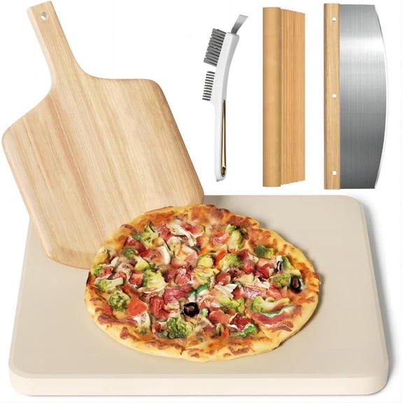 5 count Rectangle Pizza Stone Set, 16"Large Pizza Stone for Oven and Grill with Pizza Peel(OAK), Stone Brush,Pizza  & 10 count Cooking Paper for Free, Baking Stone for Pizza, Bread,BBQ