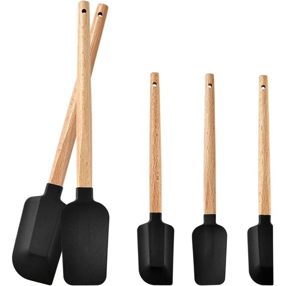 5 count Spatula Set with Wooden Handle, High Heat Resistant Non Stick Kitchen Spatulas, Grade Utensils for Cooking Baking Mixing Jar Scraping, Black