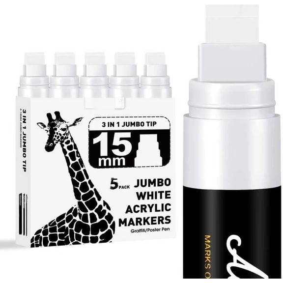 5 count White Poster Marker,15mm Wide Tip Thick Pen Markers,White Graffiti Markers for Poster,Glass,Rock Painting,Ceramic,,Murals and Canvas