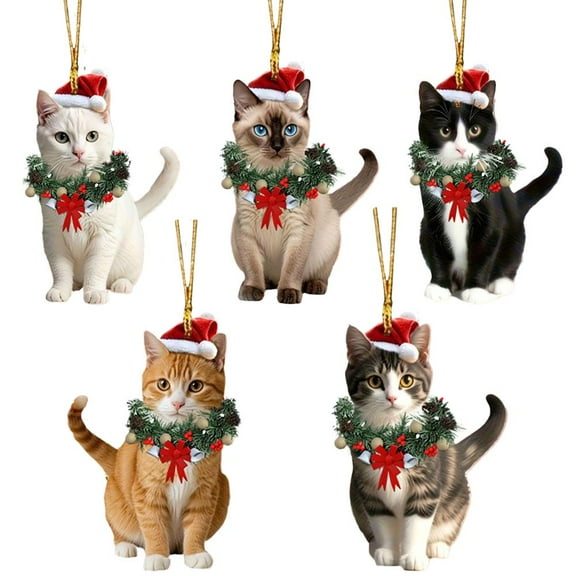 5 counts Christmas Pendents Set Cartoon 2D Acrylic Cats Ornament with Lanyard DIY Home Decoration