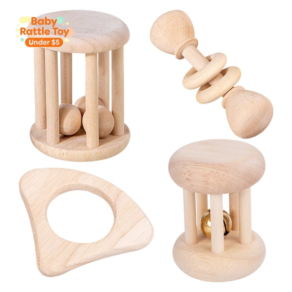 Under 5 dollar 4 Pack Natural Wooden Baby Rattle Set, Infant Teething Sensory Hand Shaker Toys, Baby Rattles Toys for 0-6 Months Boys Girls, Early Developmental Tummy Time & Baby Shower Birthday Gift