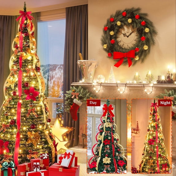 5 feet (1.5m) PVC Retractable Lighted Christmas Tree, Comes with Ornaments Set, Folding for Space-Saving Storage, Lighted Design Enhances Christmas Atmosphere, Perfect for Home & Holiday Celebrations